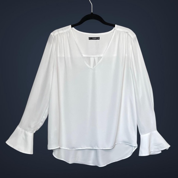 Mango Tops - Mango Basics Blouse Womens Medium White V Neck Flare Sleeve Satin Top Dressy
